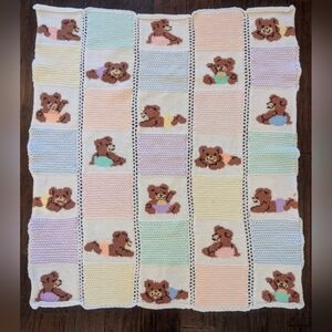 Pastel Teddy Bear Crochet Baby Afghan Blanket Nursery Crib Blanket